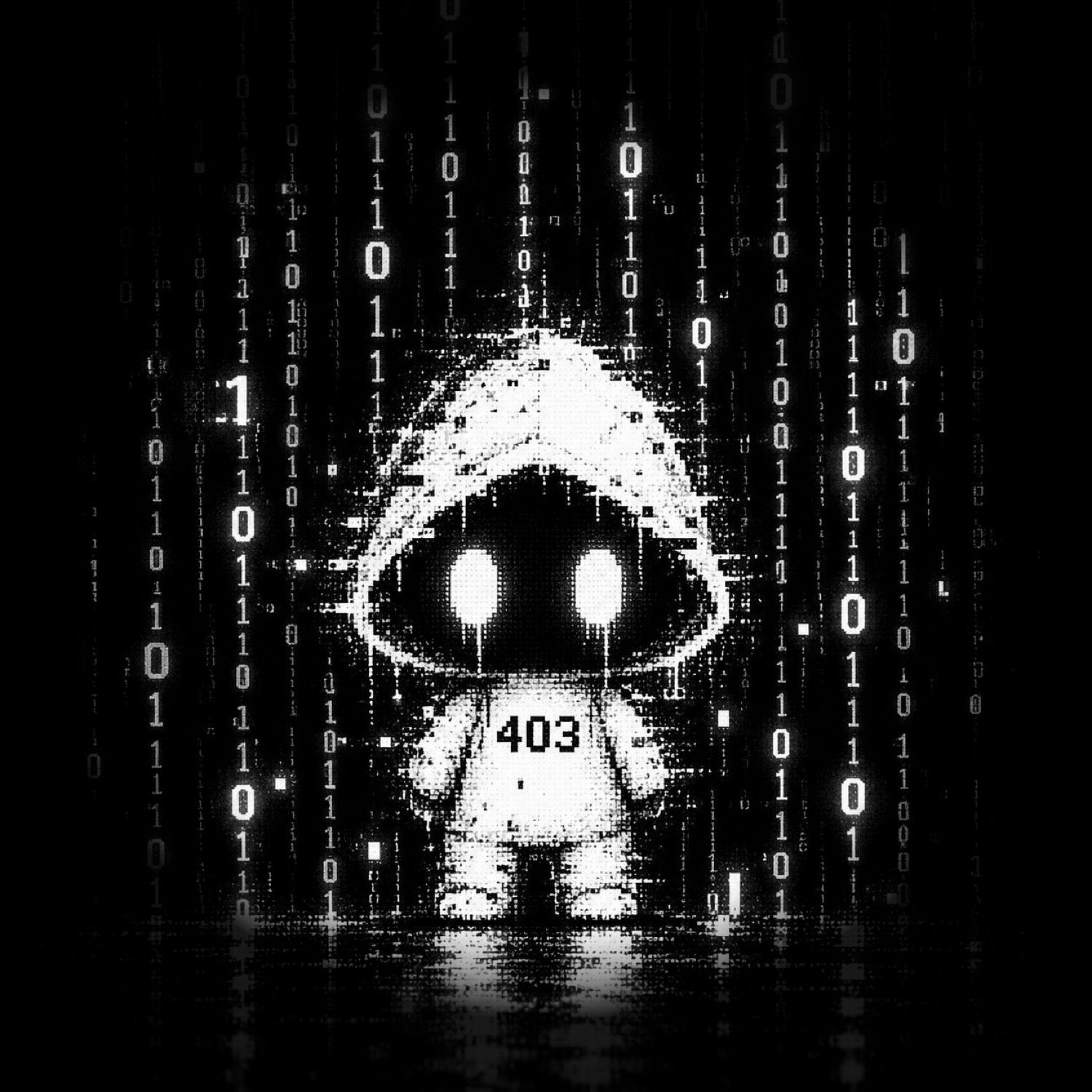 Hooded 403 standing in falling binary